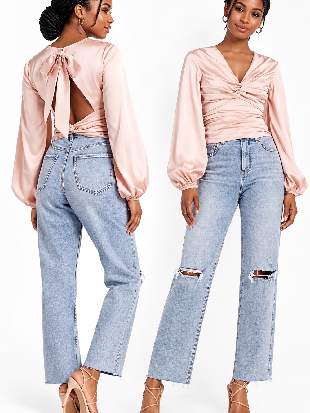 NWTExpress Pink Satin Twist Front with Ruching Open Back with Tie Sash Blouse XS